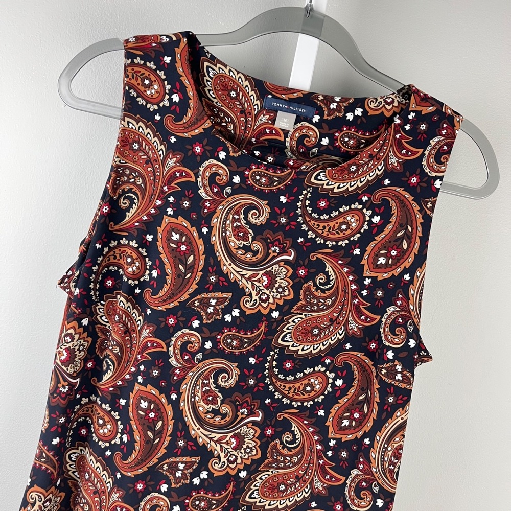 Tommy Hilfiger Dress Womens 10 Stretch Knit Black Brown Paisley Sleeveless